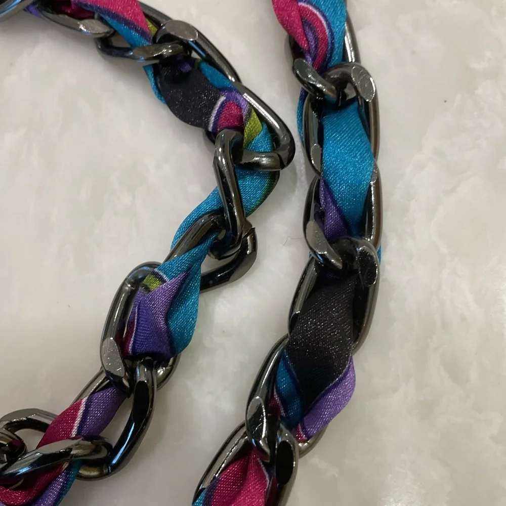 Heavy chain belt with colorful pucci style fabric intertwined, silver, black